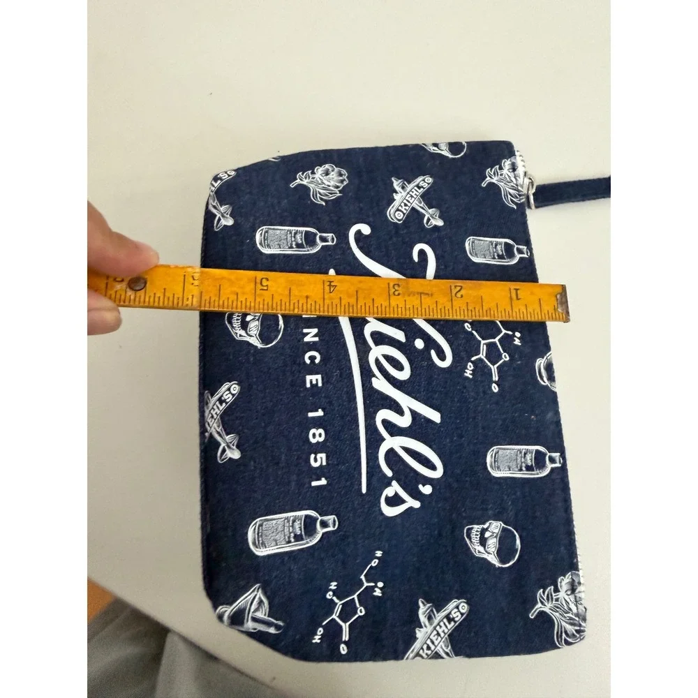Kiehls Since 1851 Denim Cosmetic Bag Skulls Apothecary Print Travel Pouch‎ Blue